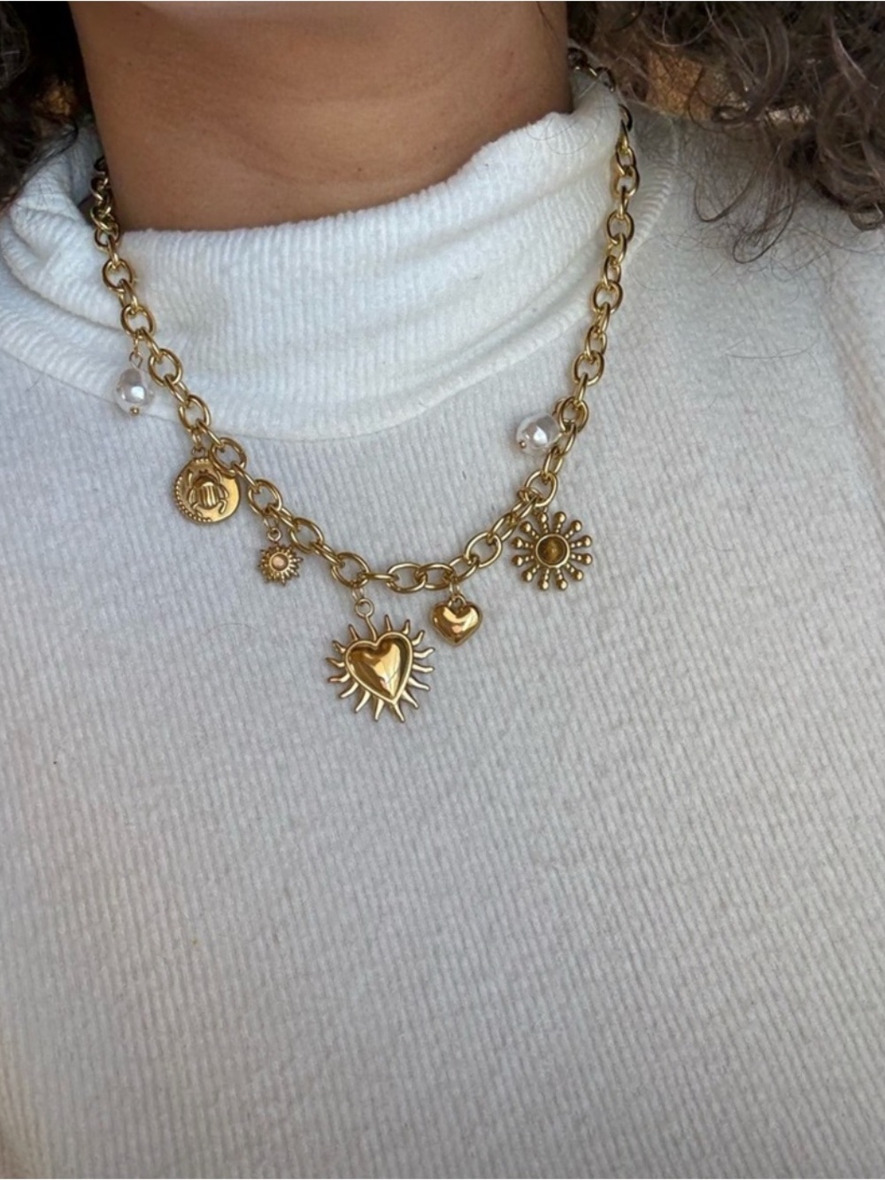Gold Plated Stainless Steel Sun & Heart Charm Necklace
